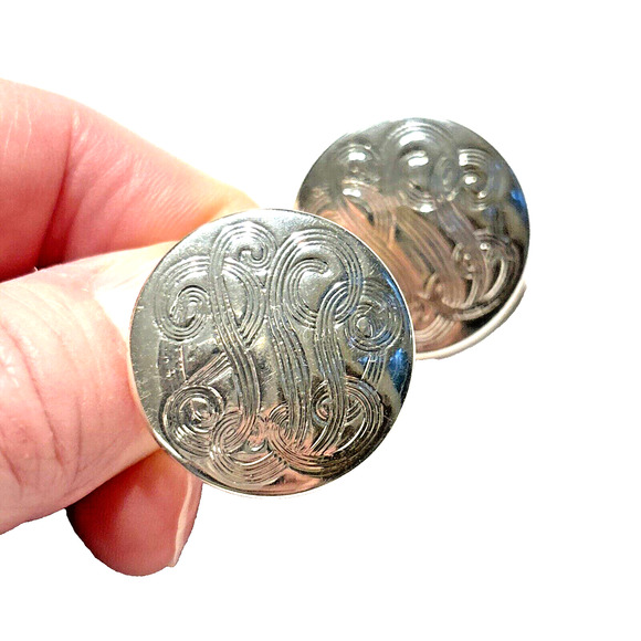 Vintage Napier Pierced Earrings Silver Discs Ornate Engraved Swirls Rounds 80's - Picture 6 of 6